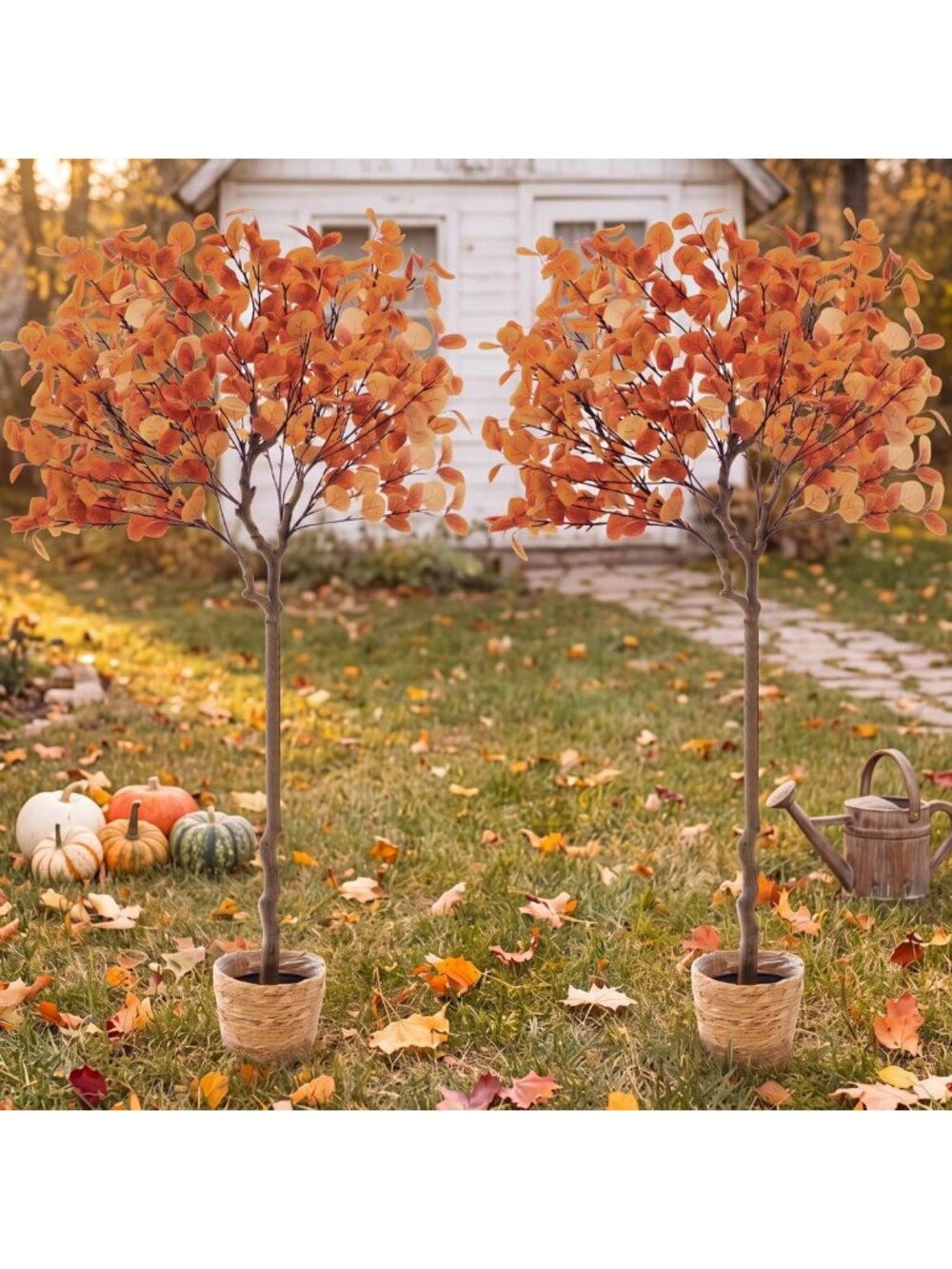 2 Pack 4ft Fall Eucalyptus Trees with Woven Baskets - Orange Faux Autumn Decor
